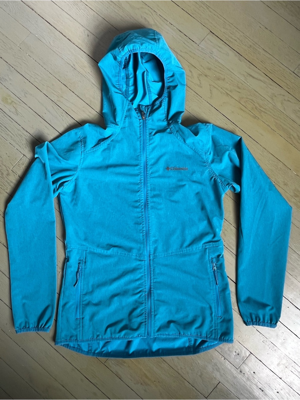 Columbia Hooded Softshell Packable Jacket Teal Blue Full Zip Size Medium